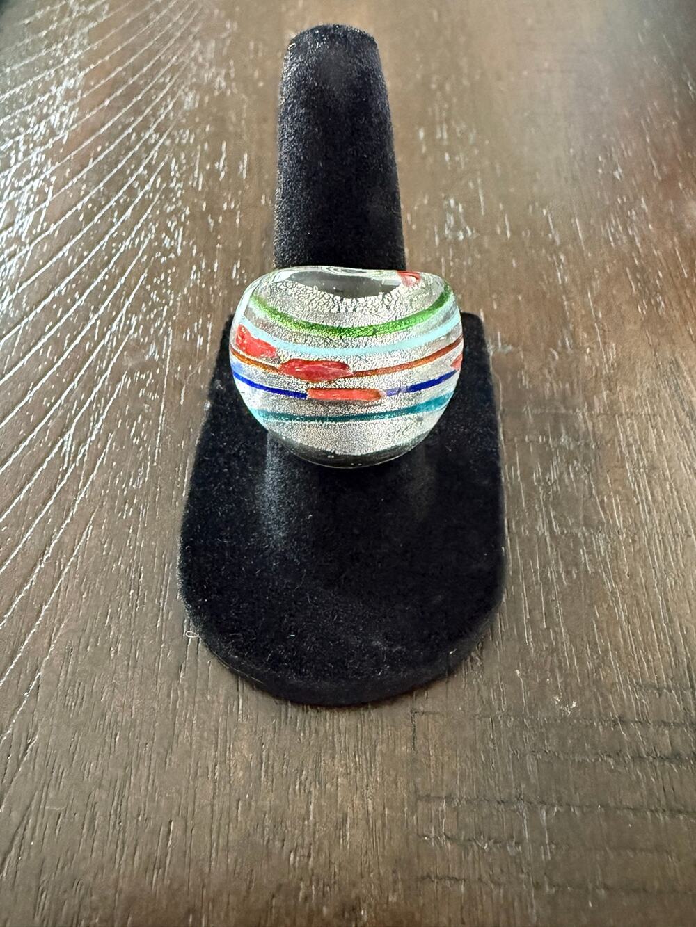 Vintage Murano-Style Art Glass Ring Size 6 Multicolor Silver Foil 90s Y2K